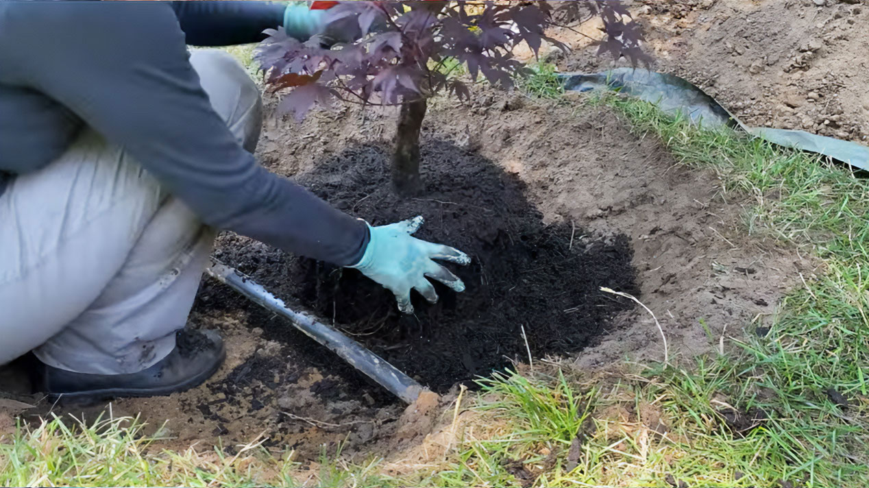Person plating a tree outside.