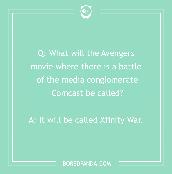 Text-based Marvel joke about an Avengers movie titled "Xfinity War."