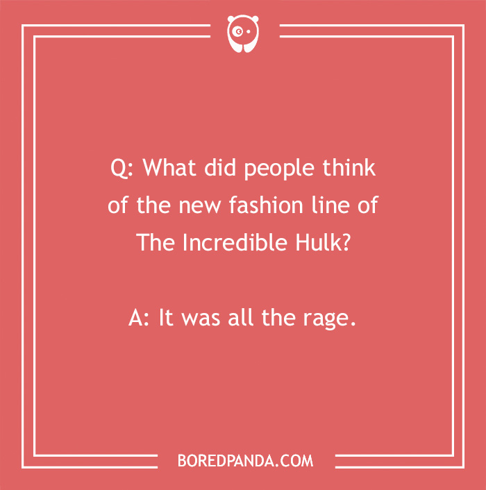 Marvel joke about Hulk fashion line: "It was all the rage." Red background with humorous text.