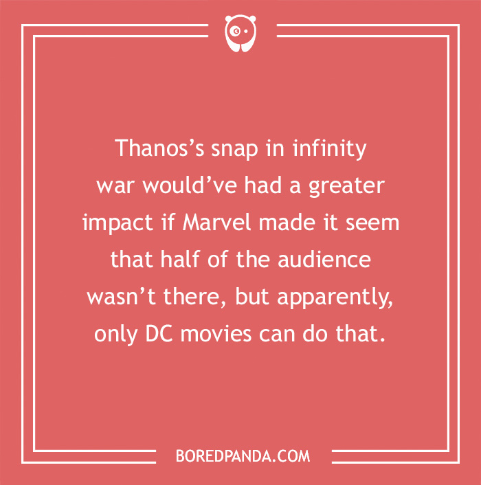 Marvel joke poking fun at Thanos’s snap and DC movies, set on a red background. - 21