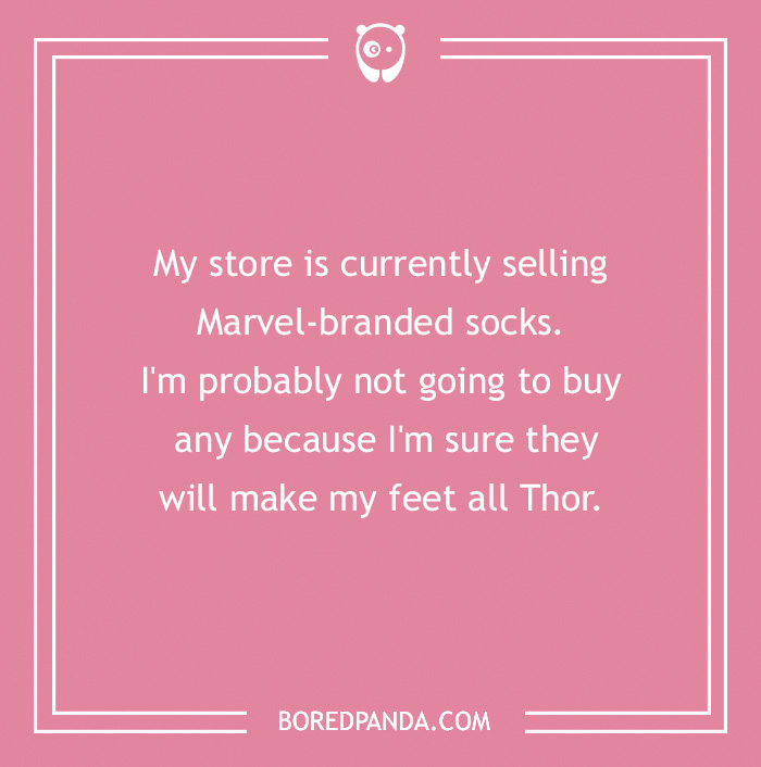 Pink background with a Marvel joke about socks and Thor, featuring text from BoredPanda.com. - 27