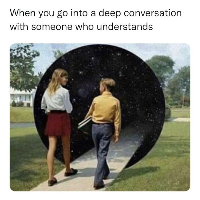 Two people walking into a cosmic tunnel, symbolizing relatable memes about deep understanding in conversations.
