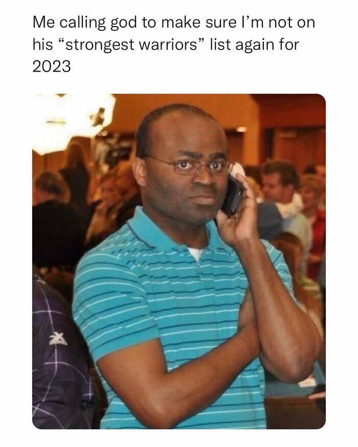 Man in a striped blue shirt on the phone, humorously illustrating relatable memes about avoiding life's challenges.