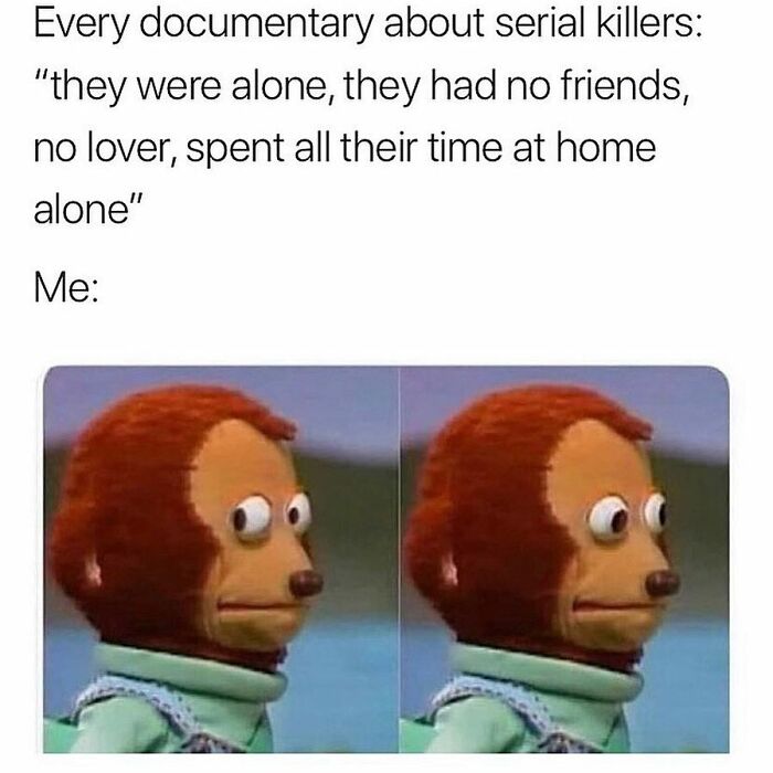Meme depicting a surprised puppet reaction to a documentary's description of serial killers, highlighting relatable humor.