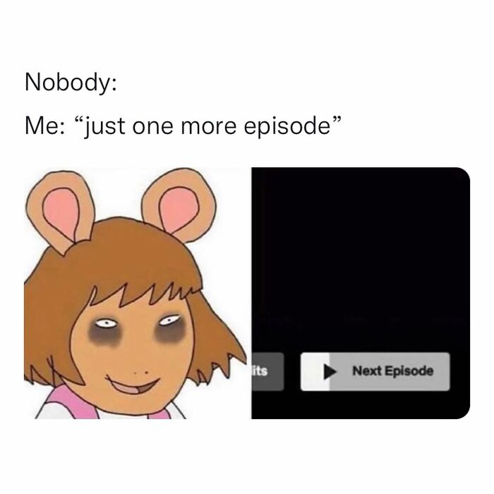 Relatable meme of a tired cartoon character next to a screen showing "Next Episode," capturing binge-watching humor.