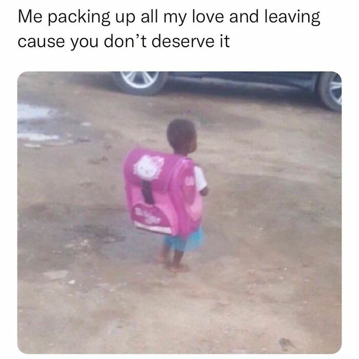 Child with oversized pink backpack, humorously reflecting a relatable meme about leaving a situation.