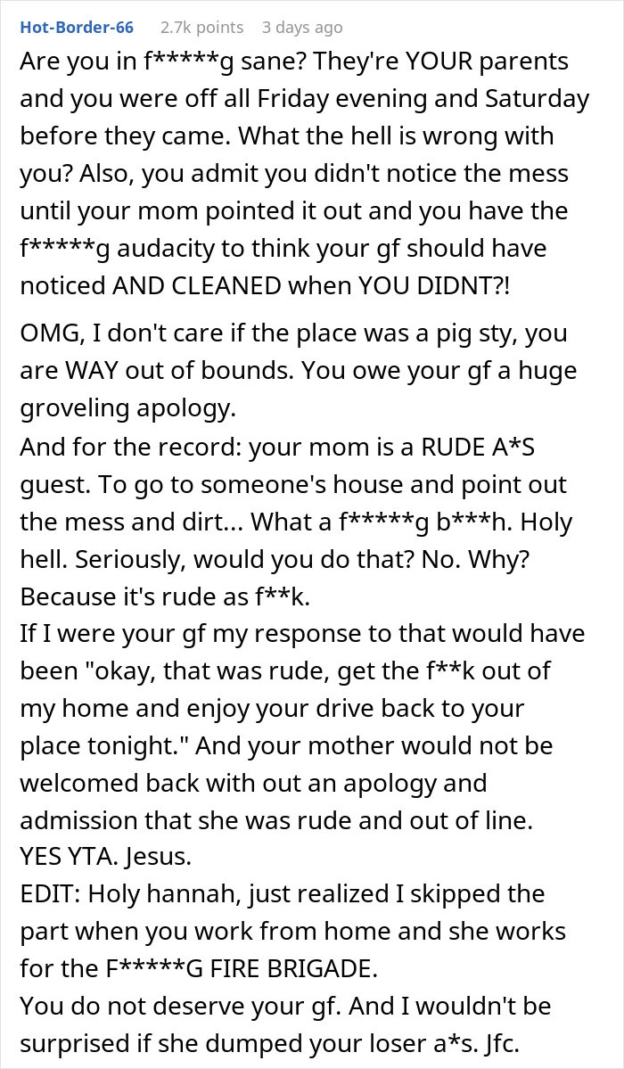 Guy Embarrassed GF Didn’t Clean Up For His Parents’ Visit, Gets A Reality Check Online Guy Embarrassed GF Didn’t Clean Up For His Parents’ Visit, Gets A Reality Check Online