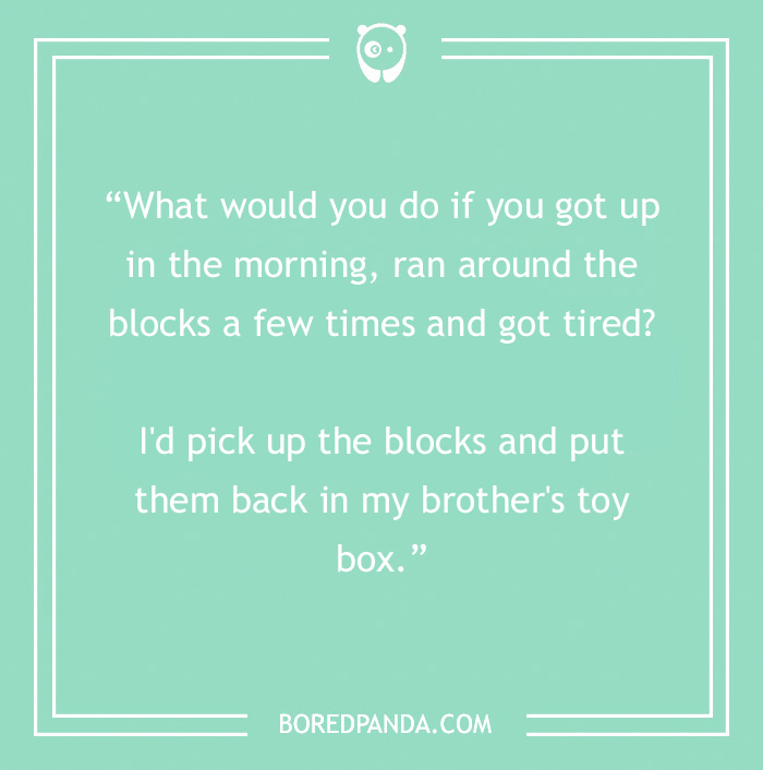 Morning joke about running around blocks and putting them back in a toy box on a teal background.