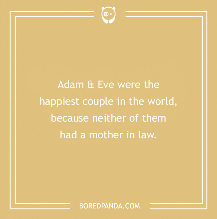 Adam and Eve joke about having no mother-in-law, on a beige background with text by boredpanda.com.