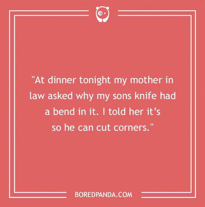 Text on a red background featuring a mother-in-law joke about a bent knife for cutting corners.