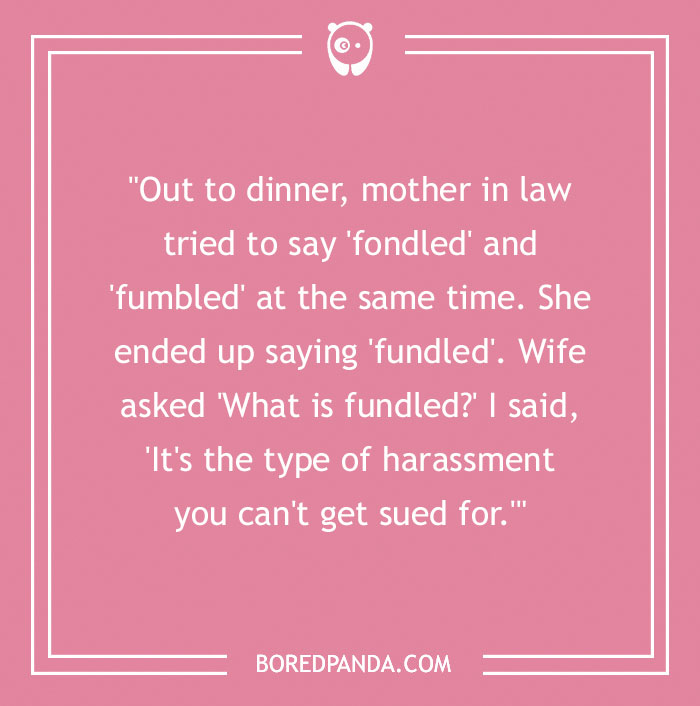 Pink background with text featuring a funny mother-in-law joke about mixing up words.