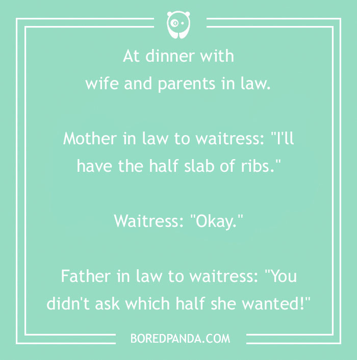 Funny mother-in-law joke about ordering ribs at dinner, featuring humorous exchange with a waitress.