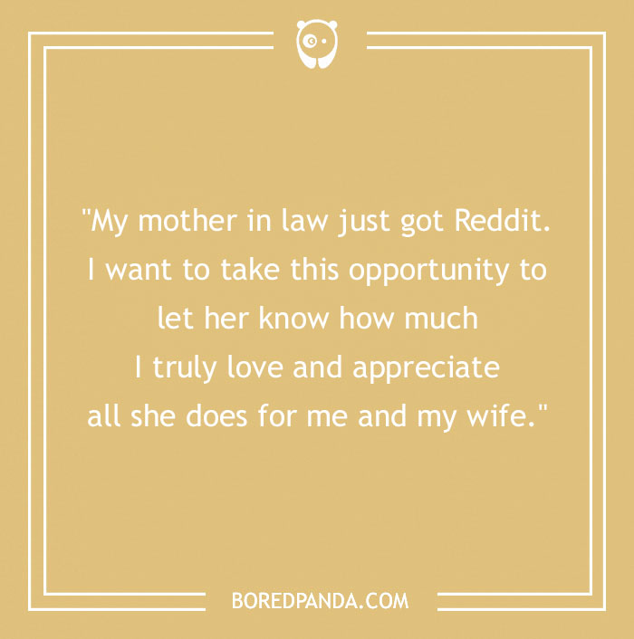 "Funny mother-in-law joke about appreciating her after she gets Reddit, on a yellow background with BoredPanda branding."