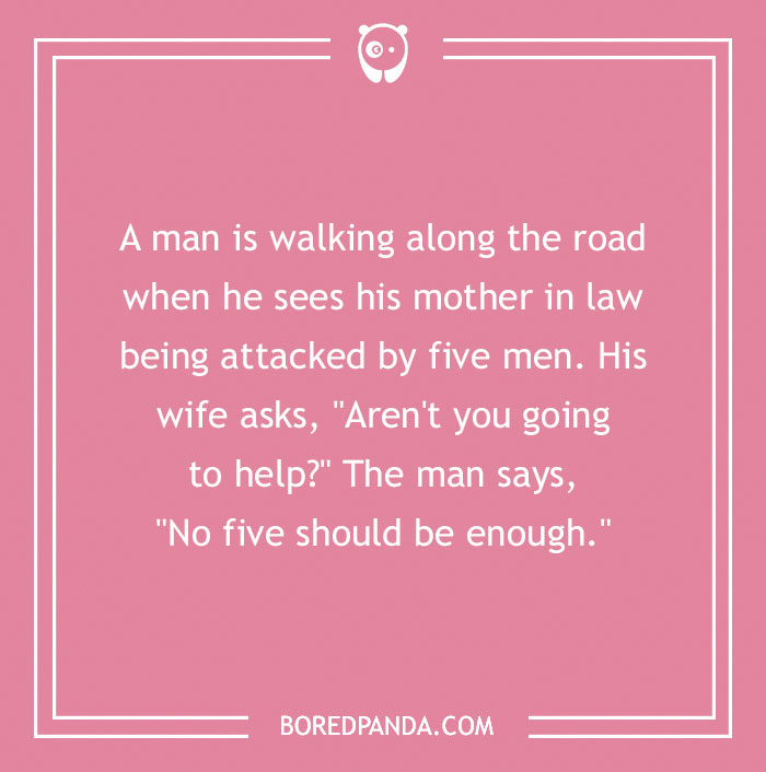 Pink background with a humorous mother-in-law joke written in white text.