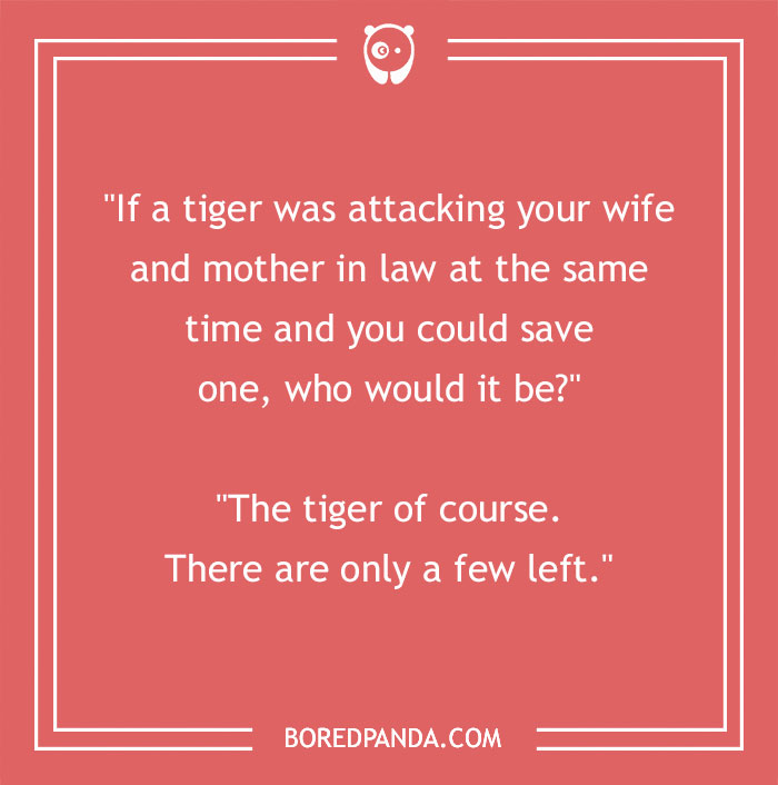 Mother-in-law joke about saving a tiger, emphasizing humor and conservation on a red background.
