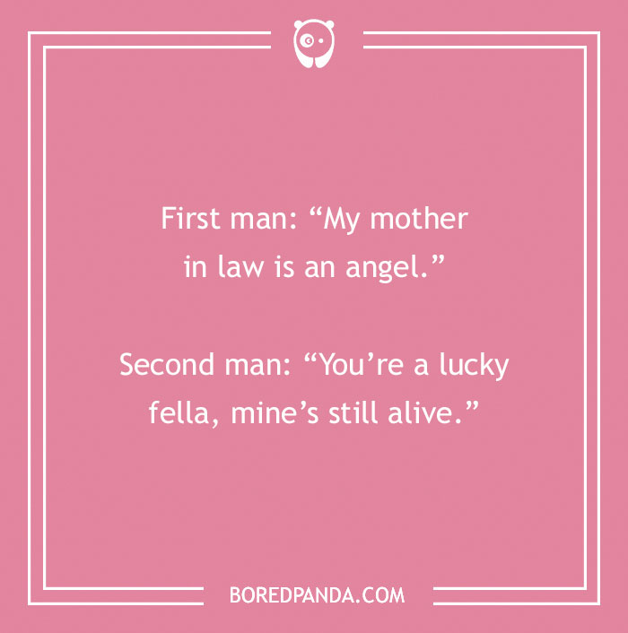 A joke about a mother-in-law shared between two men on a pink background.