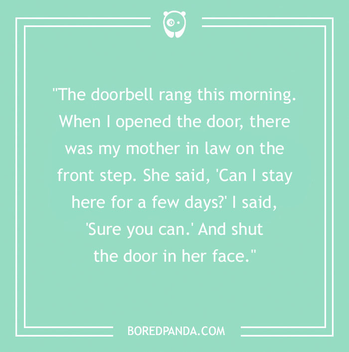 Mother-in-law joke about an unexpected visit, featuring humorous dialogue in a minimalist mint green design.