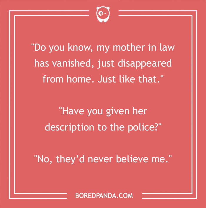 Text box with a joke about a vanished mother-in-law on a red background.