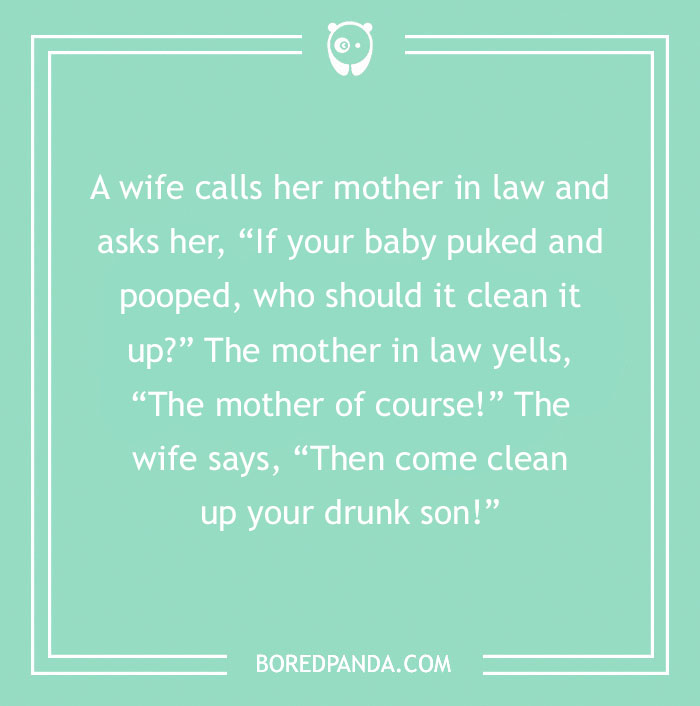 Mother-in-law joke about cleaning up a drunk son, featured on a green background from BoredPanda.
