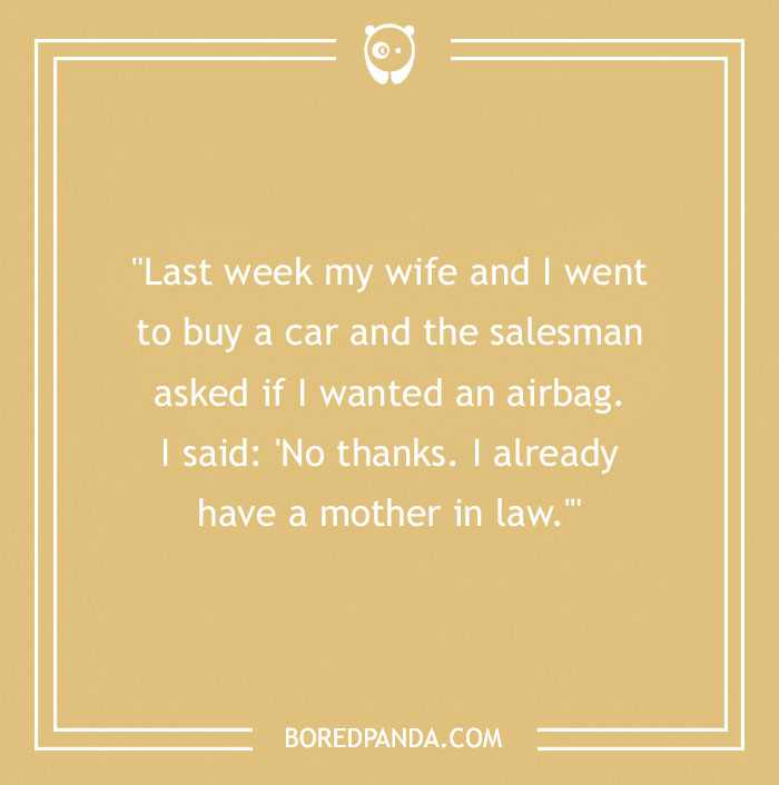 Mother-in-law joke on a beige background with white text about an airbag scenario in a car purchase.