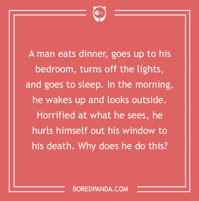 Red text image with a m****r mystery riddle about a man's horrifying morning discovery before his death.