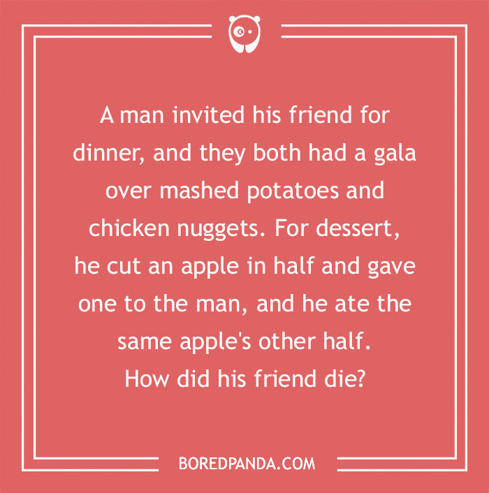 M****r mystery riddle image with a question about how a dinner guest died after sharing an apple.