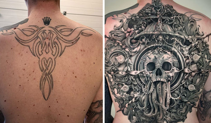 Before and after of a tattoo upgrade featuring a simple tribal design transformed into an intricate skull artwork.