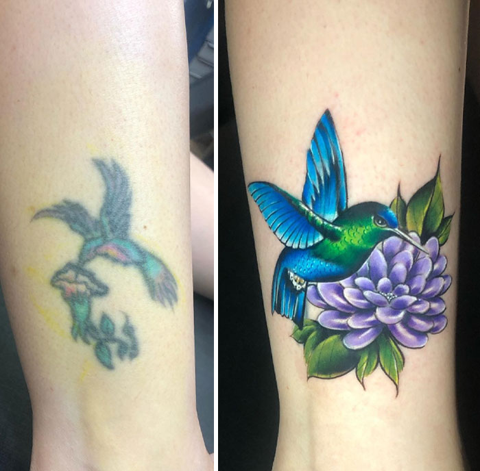 Tattoo regret upgraded from faded hummingbird to vibrant design with a colorful bird and flower.