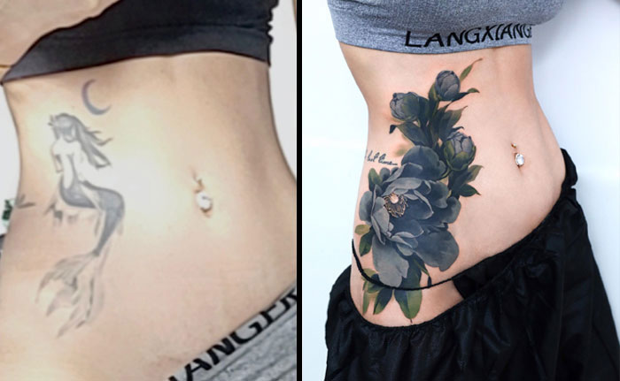 Tattoo regrets transformed: faded mermaid into vibrant floral design on side torso.