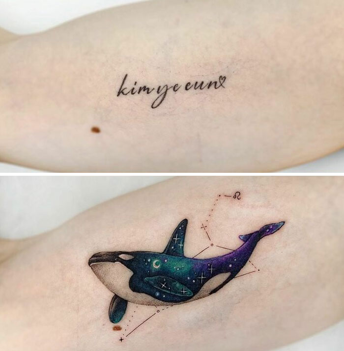Tattoo regrets upgraded: simple text tattoo transformed into colorful orca design on arm.
