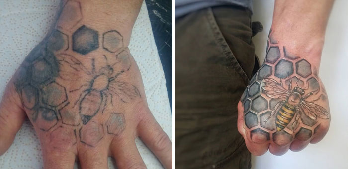 Tattoo regrets transformed: faded bee and hexagon design upgraded to vibrant, detailed artwork on hand.