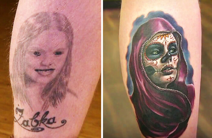 Tattoo upgrade showing transformation from faded portrait to vibrant Day of the Dead-inspired design.
