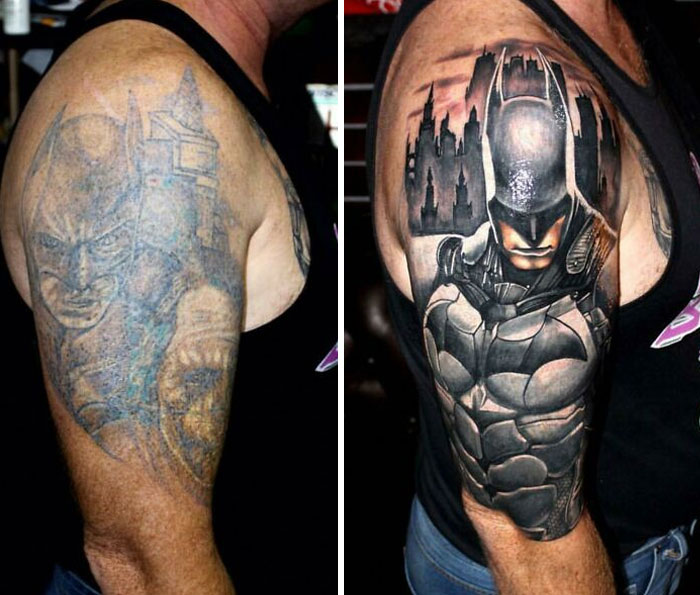 Tattoo regret transformed into a detailed superhero design on a man's arm.