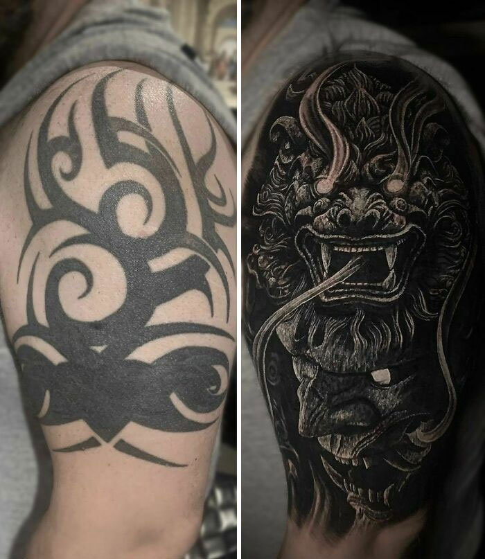 Tattoo regret transformed: tribal design before, detailed dragon after, showcasing a major upgrade in ink artistry.