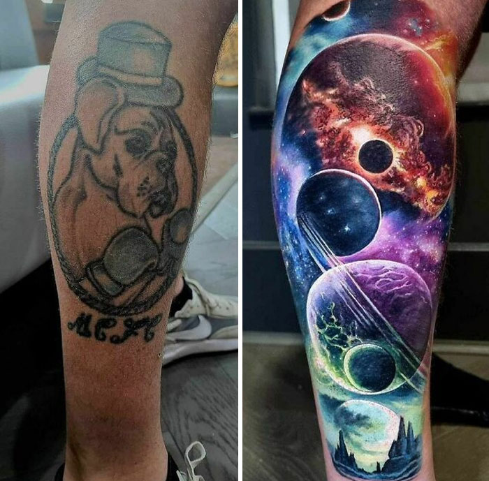 Tattoo regret upgraded: left is a faded dog tattoo; right is a vibrant space-themed tattoo with planets and galaxies.