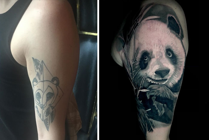 Tattoo regrets transformed: abstract panda tattoo upgraded to detailed panda design on upper arm.