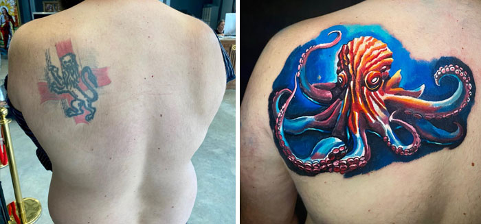 Tattoo regret transformed with a vibrant, colorful octopus design on a person's back.