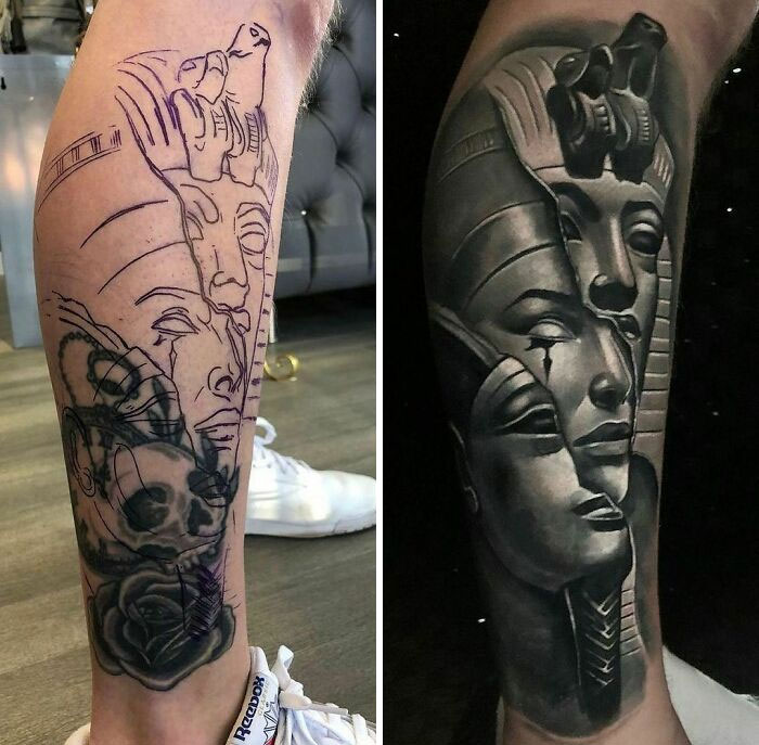 Tattoo upgrade showcasing transformation from outline to detailed Egyptian-themed leg tattoo.