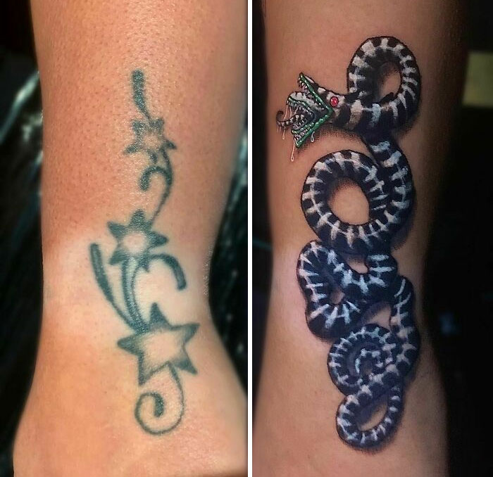 Tattoo regret transformed from star design to detailed snake art.