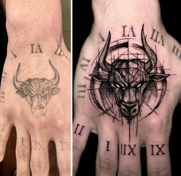 Tattoo regrets transformed: a simple bull head design before and a detailed geometric bull tattoo after on a hand.