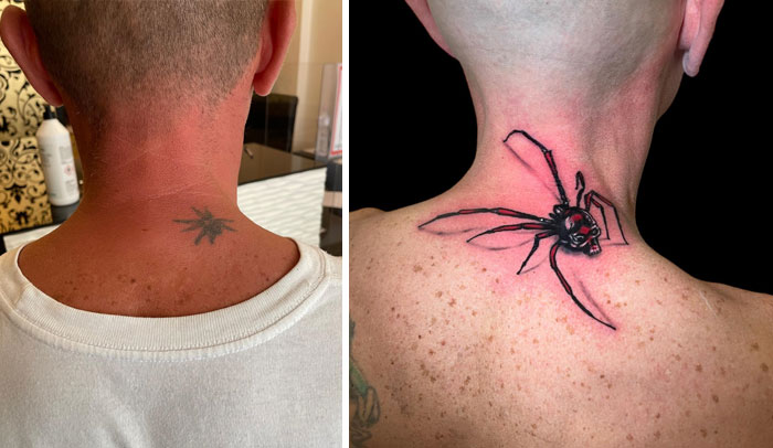 Tattoo regret transformed into a realistic black widow spider on the back of the neck.