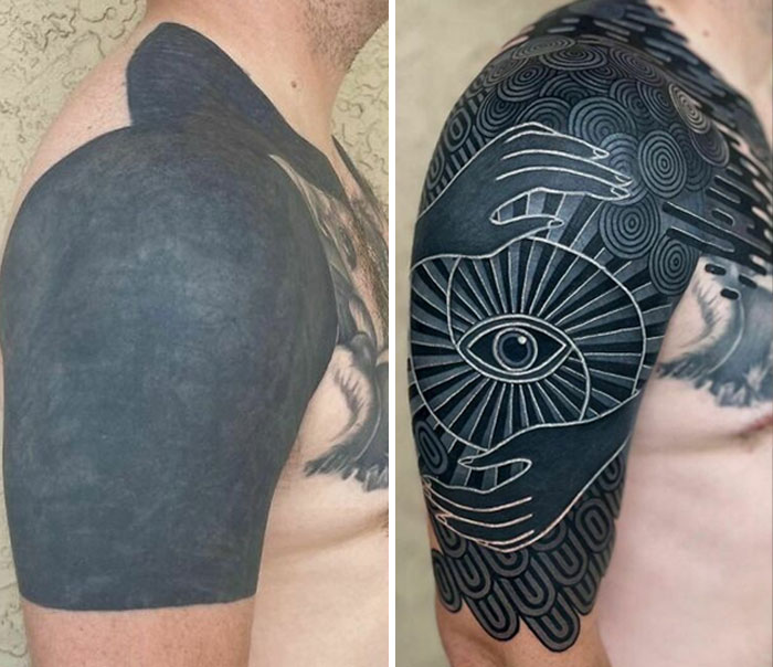 Tattoo cover-up showing an intricate arm design upgrade featuring a stylized eye and geometric patterns.