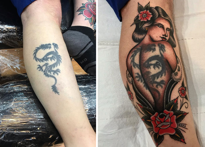Tattoo regret transformed: small dragon design upgraded to ornate woman and floral artwork on a leg.