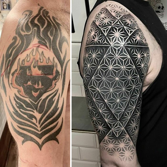 Tattoo regret upgrade: original tribal design transformed into an intricate geometric pattern on arm.