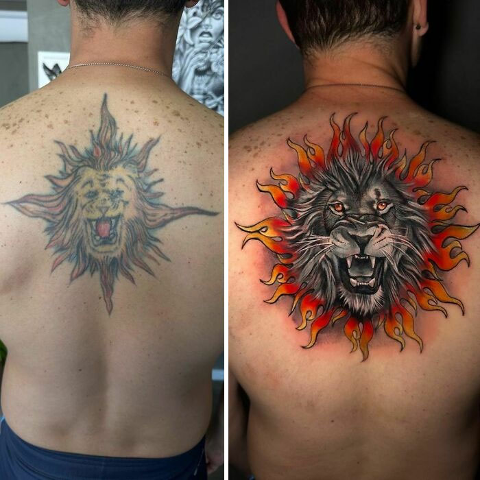 Lion tattoo upgrade with vibrant colors and detailed mane on man's back.