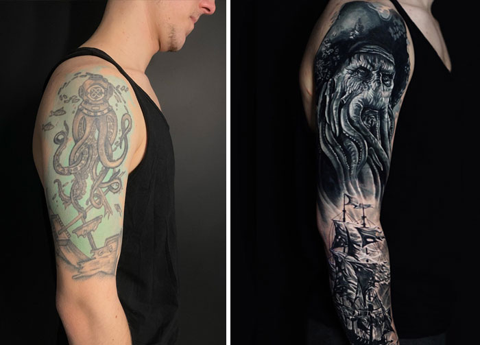 Tattoo regret upgrade: Before and after arm sleeve transformation from octopus to detailed pirate design.