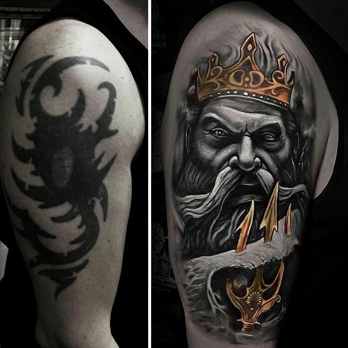 Tattoo regret upgraded: abstract tribal design transformed into detailed king portrait with crown and trident.