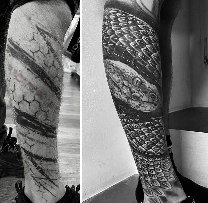Tattoo regret transformed: before and after leg tattoo upgrade with a detailed snake design.