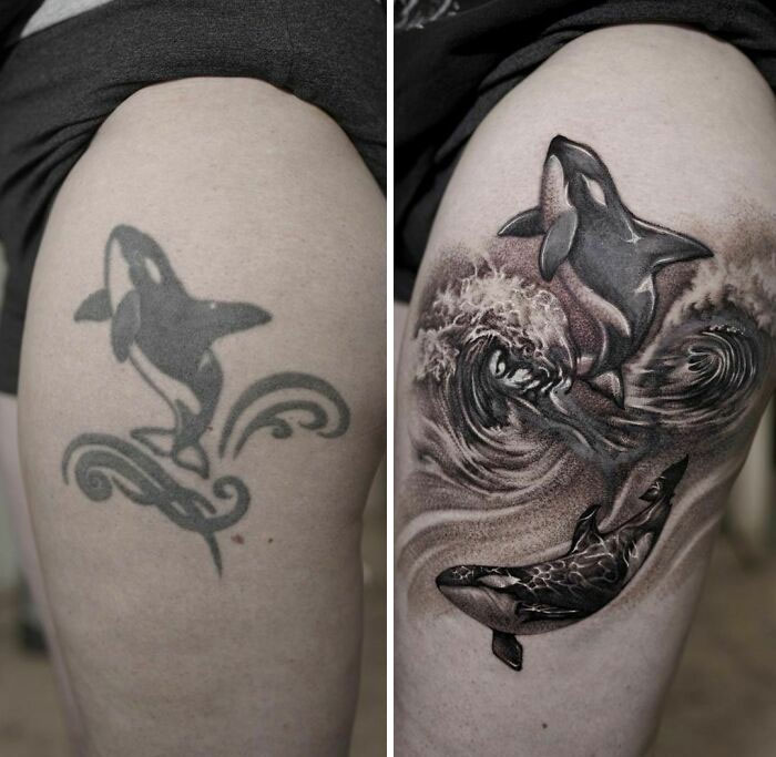 Tattoo upgrade from a simple whale design to a detailed, realistic depiction with ocean waves.