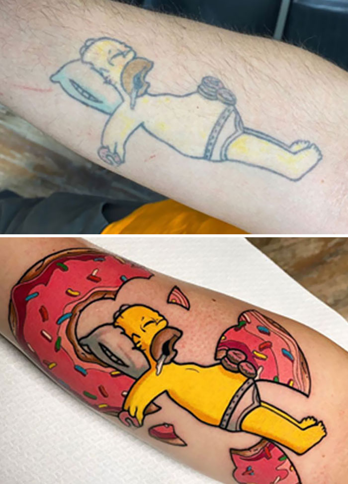 Tattoo regrets transformed: faded Homer Simpson tattoo upgraded with vibrant colors and donut background.